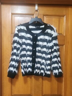 Liverpool Los Angeles Black/White Fringed Cardigan Sweater, Women's Size XS, EUC